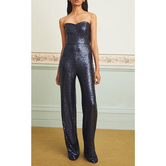 Saloni Aurelie Jumpsuit Blue Sequin Strapless Wide Leg Size 2 Sexy Chic Dressy - Picture 2 of 16